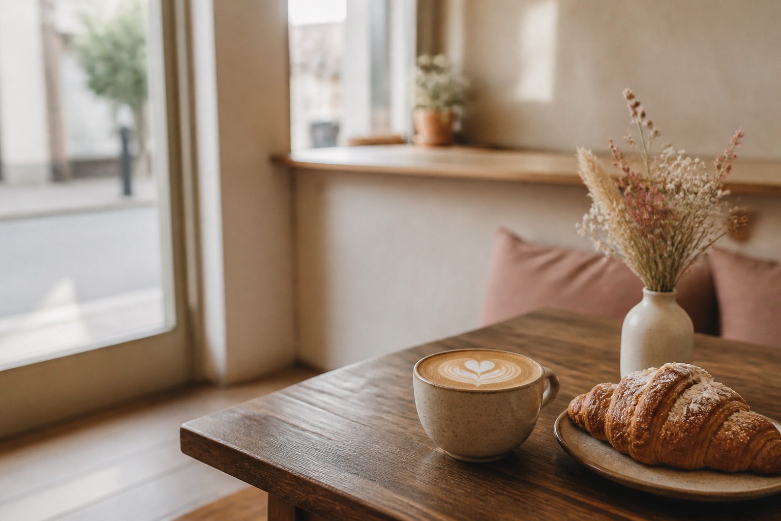 A flat white and fresh croissant on a wooden café table